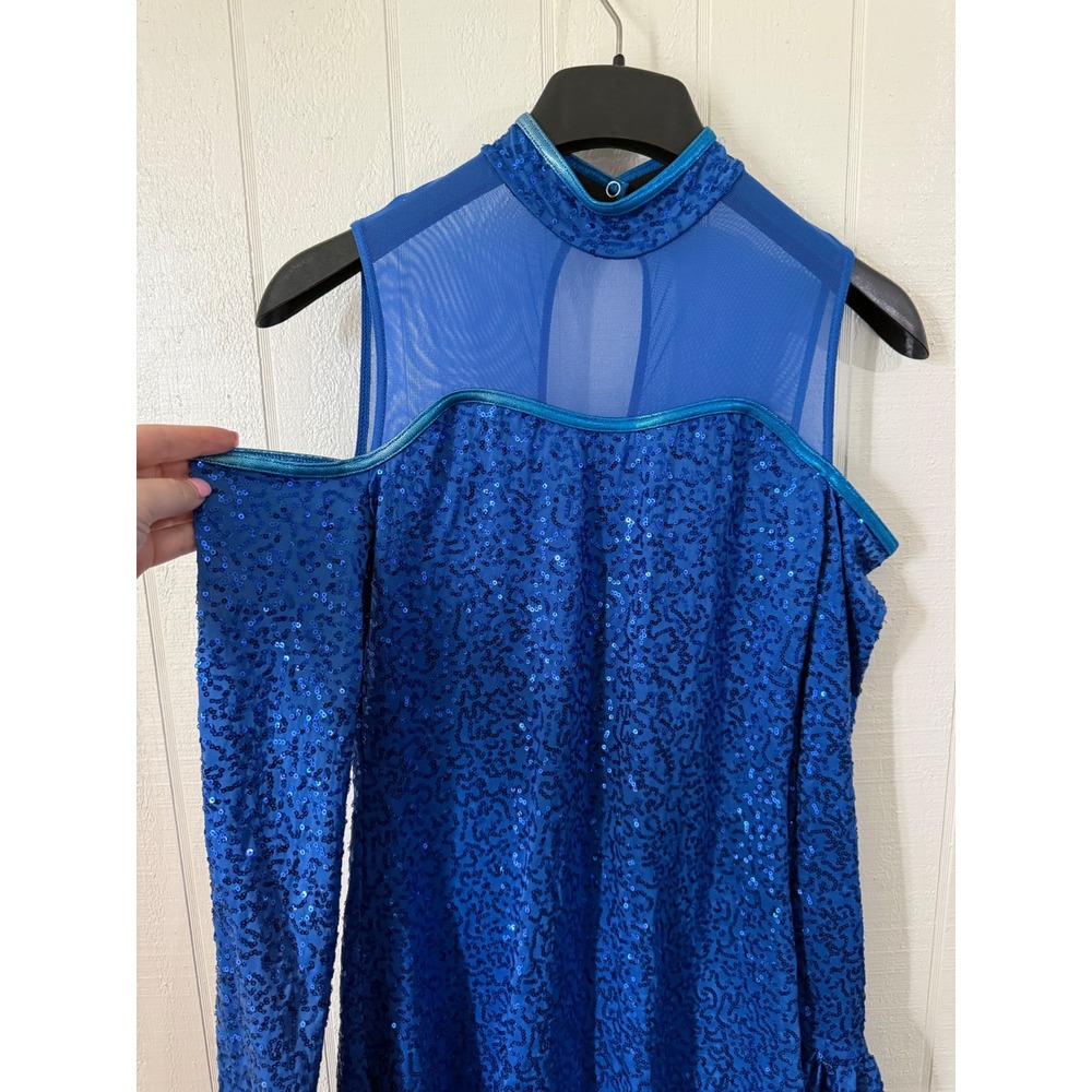 Weissman Royal Blue Sequin Cold Shoulder Dance Costume Mock Neck Ruffle Size SA - Picture 2 of 6